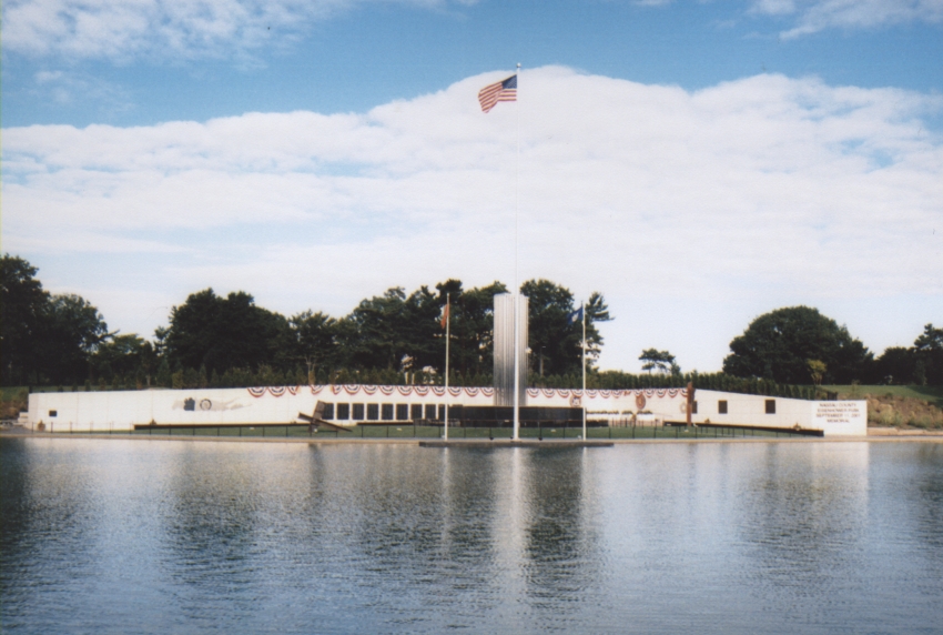 Full view of the Nassau County September 11 Memorial and reflecting pool at Eisenhower Park
